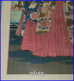 Antique UTAGAWA FUSATANE Woodblock Print CHERRY BLOSSOM VIEWING AT SUMIDA 3 Page