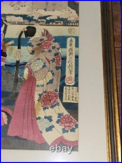 Antique UTAGAWA FUSATANE Woodblock Print CHERRY BLOSSOM VIEWING AT SUMIDA 3 Page