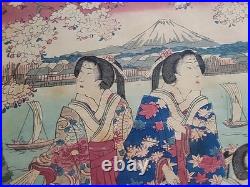 Antique UTAGAWA FUSATANE Woodblock Print CHERRY BLOSSOM VIEWING AT SUMIDA 3 Page