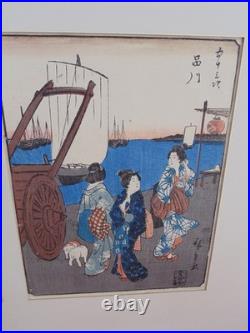 Antique Utagawa Hiroshige Japanese Woodblock Art Prints Nihonbashi & Shinaqawa