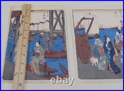 Antique Utagawa Hiroshige Japanese Woodblock Art Prints Nihonbashi & Shinaqawa