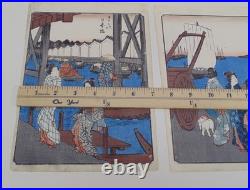 Antique Utagawa Hiroshige Japanese Woodblock Art Prints Nihonbashi & Shinaqawa