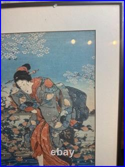 Antique Utagawa Kuniyoshi Ide Jewel River Woman Woodblock Print Framed VG 18x14