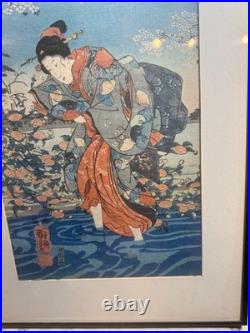 Antique Utagawa Kuniyoshi Ide Jewel River Woman Woodblock Print Framed VG 18x14