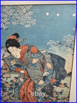 Antique Utagawa Kuniyoshi Ide Jewel River Woman Woodblock Print Framed VG 18x14