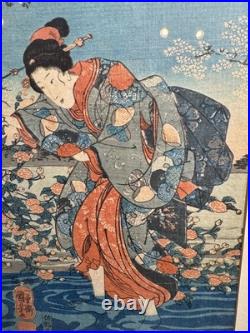 Antique Utagawa Kuniyoshi Ide Jewel River Woman Woodblock Print Framed VG 18x14