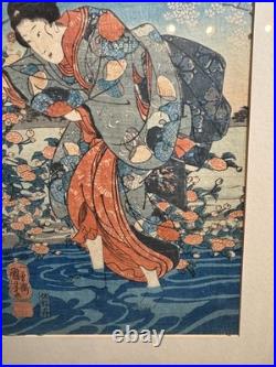 Antique Utagawa Kuniyoshi Ide Jewel River Woman Woodblock Print Framed VG 18x14