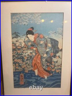 Antique Utagawa Kuniyoshi Ide Jewel River Woman Woodblock Print Framed VG 18x14