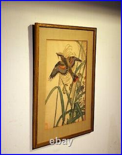 Antique woodblock print Imao Keinen c1891 Birds and Flowers framed