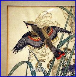 Antique woodblock print Imao Keinen c1891 Birds and Flowers framed