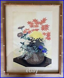 Bakufu Ohno Shinagawa Woodblock Print Flowers In Bamboo Basket Signed