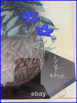 Bakufu Ohno Shinagawa Woodblock Print Flowers In Bamboo Basket Signed