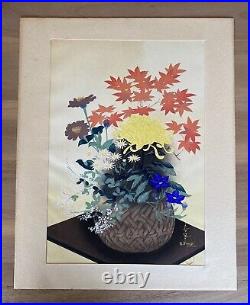 Bakufu Ohno Shinagawa Woodblock Print Flowers In Bamboo Basket Signed