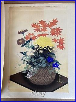 Bakufu Ohno Shinagawa Woodblock Print Flowers In Bamboo Basket Signed