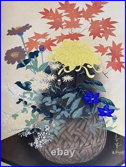 Bakufu Ohno Shinagawa Woodblock Print Flowers In Bamboo Basket Signed