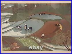 Bakufu Ohno woodblock print'Planting Rice' listed artist framed gilt signed