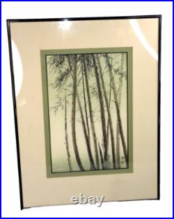 Bamboo Japanese Woodblock Print Eiichi Kotozuka 1960 Framed Silk Mat 25x19