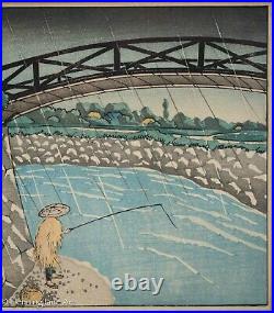 Beautiful Vintage Japanese Woodblock of Fisherman Under Bridge, Signed & Framed