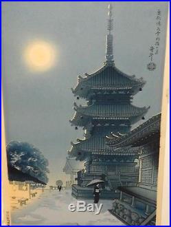 Benji Asada Temple At Moon Light Original Hand Signed Japanese Woodblock