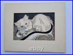 C. 1956 ORIGINAL WOODBLOCK WHITE CAT AND KITTEN by JUNICHIRO SEKINO JAPAN SIGNED