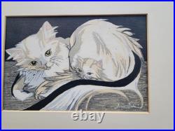 C. 1956 ORIGINAL WOODBLOCK WHITE CAT AND KITTEN by JUNICHIRO SEKINO JAPAN SIGNED