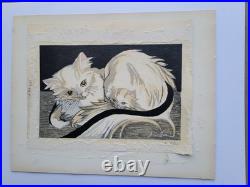 C. 1956 ORIGINAL WOODBLOCK WHITE CAT AND KITTEN by JUNICHIRO SEKINO JAPAN SIGNED