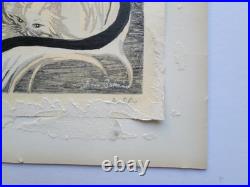 C. 1956 ORIGINAL WOODBLOCK WHITE CAT AND KITTEN by JUNICHIRO SEKINO JAPAN SIGNED