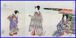 Chikanobu Antique Orig Japanese Triptych Woodblock Print Noble Lady Going Out