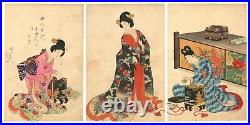 Chikanobu Toyohara Woodblock Prints woman Kimono Wear female clothing Triptych