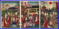 Chikanobu Woodblock Print Triptych Emperor visiting Yasukuni Shrine, Beauty