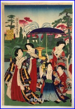 Chikanobu Woodblock Print Triptych Emperor visiting Yasukuni Shrine, Beauty