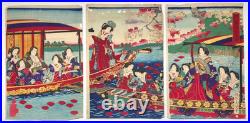 Chikanobu Woodblock Print Triptych Sumida River Spring Blossoms, Sakura, Bijin-ga