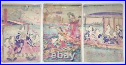 Chikanobu Woodblock Print Triptych Sumida River Spring Blossoms, Sakura, Bijin-ga