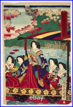 Chikanobu Woodblock Print Triptych Sumida River Spring Blossoms, Sakura, Bijin-ga