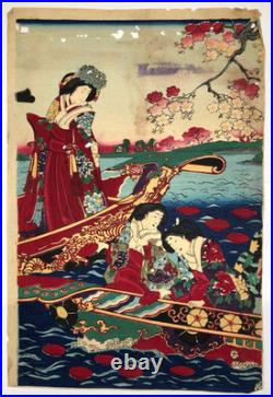 Chikanobu Woodblock Print Triptych Sumida River Spring Blossoms, Sakura, Bijin-ga