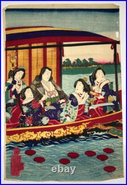 Chikanobu Woodblock Print Triptych Sumida River Spring Blossoms, Sakura, Bijin-ga