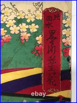 Chikanobu Woodblock Print Triptych Sumida River Spring Blossoms, Sakura, Bijin-ga