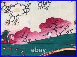 Chikanobu Woodblock Print Triptych Sumida River Spring Blossoms, Sakura, Bijin-ga