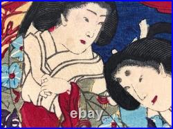 Chikanobu Woodblock Print Triptych Sumida River Spring Blossoms, Sakura, Bijin-ga