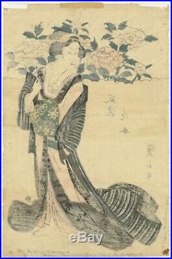 Eizan, Original Japanese Woodblock Print, Beauty, Peonies, Kimono Design, Edo
