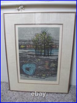 FUMIO FUJITA Japanese Signed Limited Ed COLORFUL FOREST Trees Woodblock Print