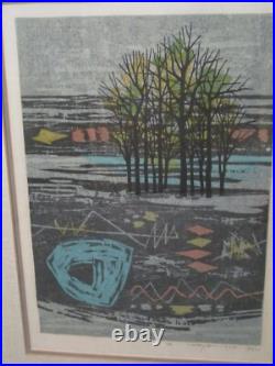 FUMIO FUJITA Japanese Signed Limited Ed COLORFUL FOREST Trees Woodblock Print