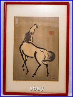 Four Vintage Japanese Woodblock Prints of Horses by Mikuchu