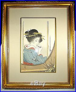 Framed Eiho Hirezaki Japanese Woodblock Print PLUM BEAUTY
