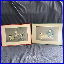 Framed Japanese Woodblock Print Hitoshi Kiyohara Set Of 2 1896-1956 Fireflies
