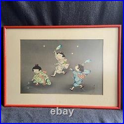 Framed Japanese Woodblock Print Hitoshi Kiyohara Set Of 2 1896-1956 Fireflies