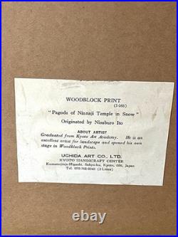 Framed Japanese Woodblock Print Pagoda of Ninnaji Temple in Snow by Ito Nisaburo