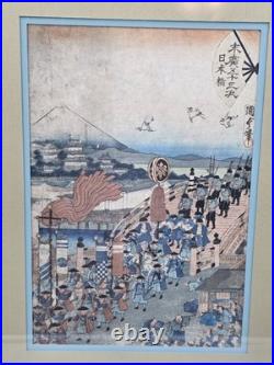 Framed Original 19thC Japanese Woodblock Print Kunisada Tokaido Nihonbashi Scene