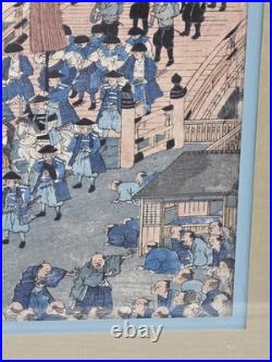 Framed Original 19thC Japanese Woodblock Print Kunisada Tokaido Nihonbashi Scene