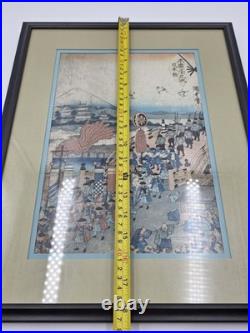 Framed Original 19thC Japanese Woodblock Print Kunisada Tokaido Nihonbashi Scene